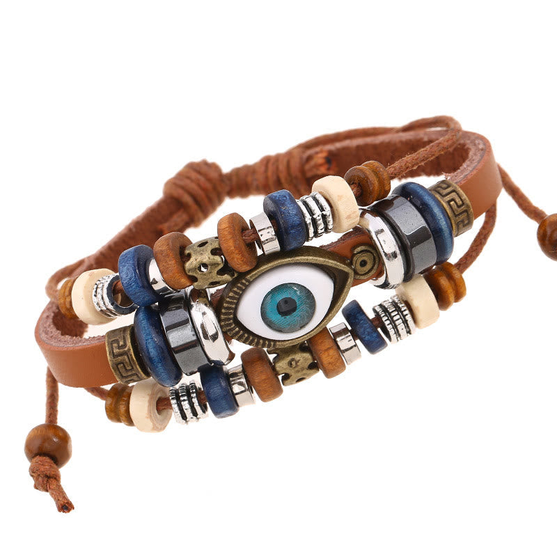 Unisex Evil Eye Protection Leather Bracelet Adjustable