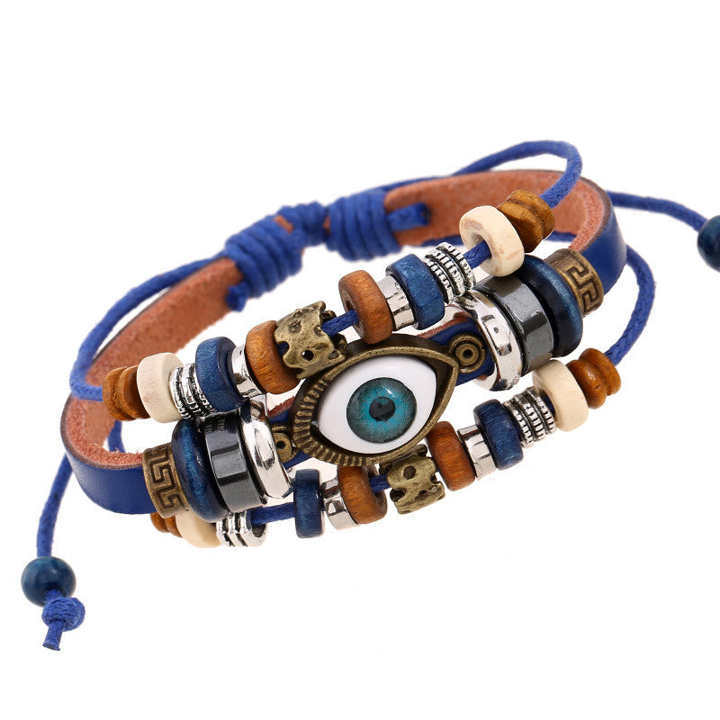 Unisex Evil Eye Protection Leather Bracelet Adjustable