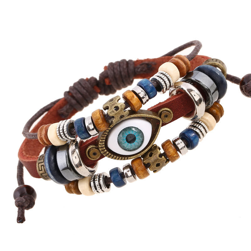 Unisex Evil Eye Protection Leather Bracelet Adjustable