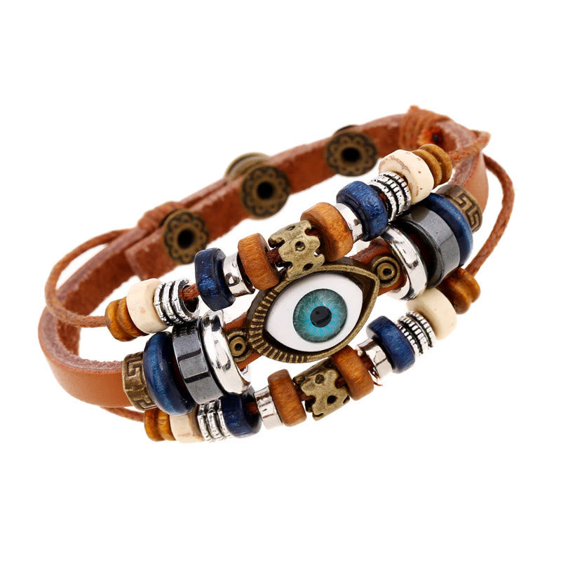 Unisex Evil Eye Protection Leather Bracelet Adjustable