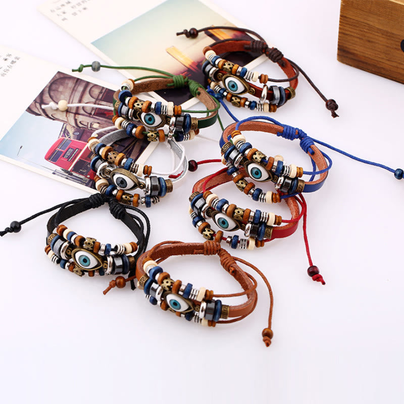 Unisex Evil Eye Protection Leather Bracelet Adjustable