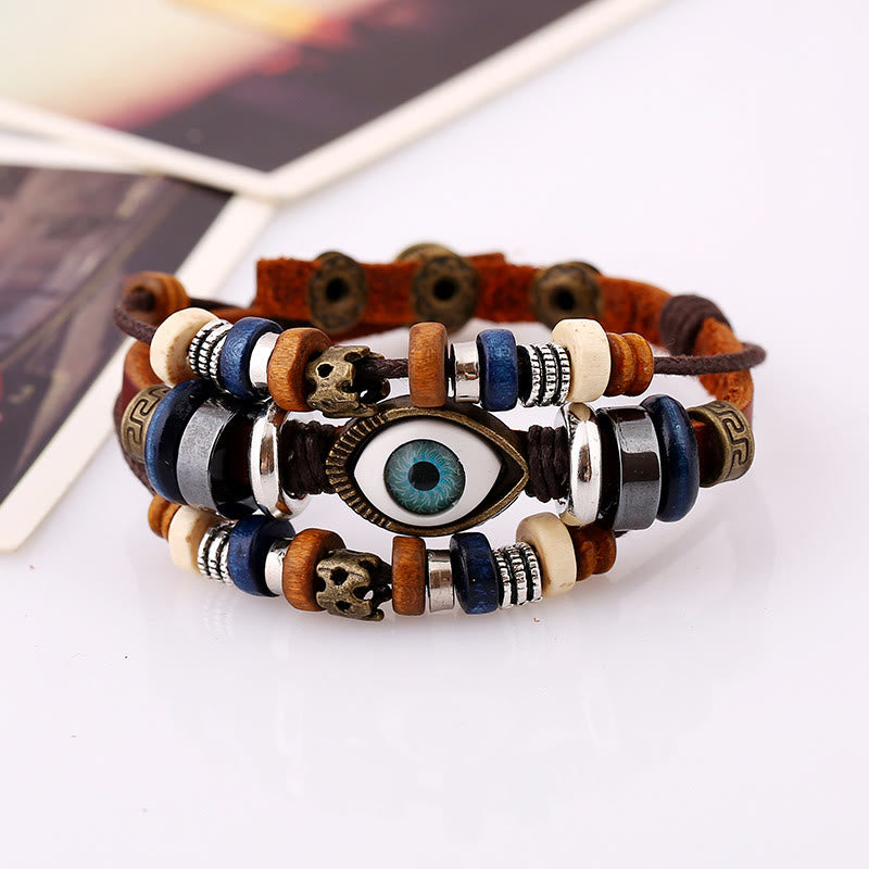 Unisex Evil Eye Protection Leather Bracelet Adjustable
