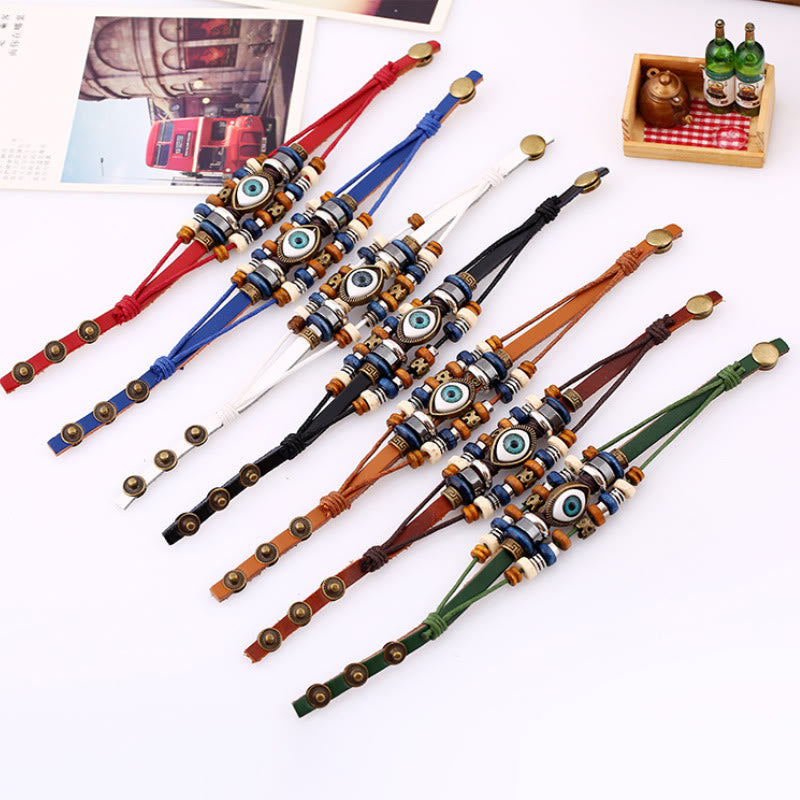 Unisex Evil Eye Protection Leather Bracelet Adjustable