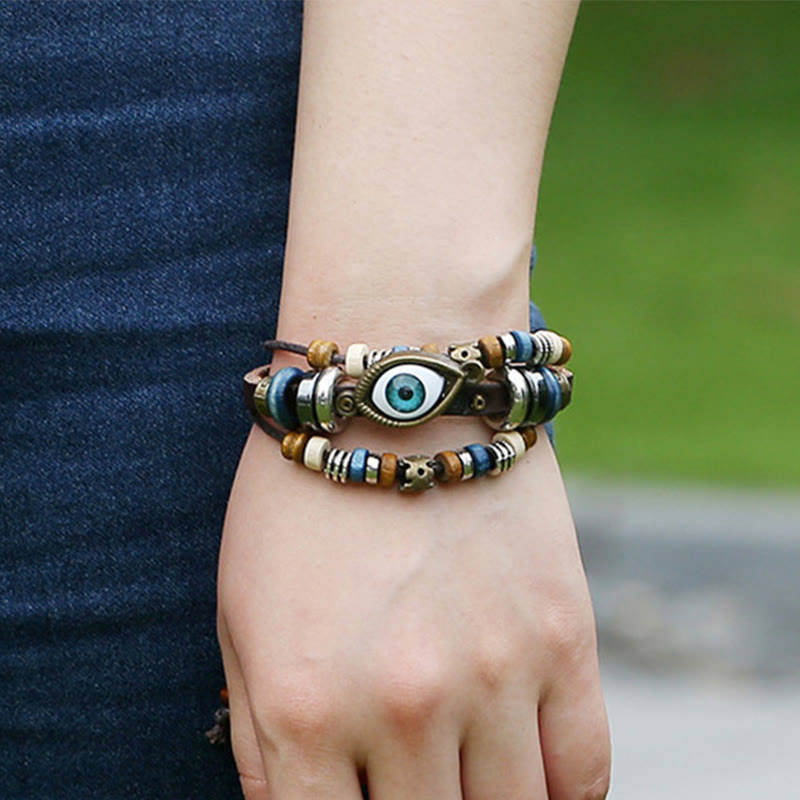 Unisex Evil Eye Protection Leather Bracelet Adjustable