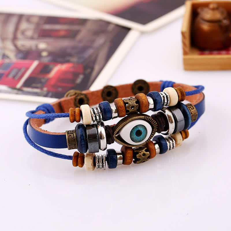 Unisex Evil Eye Protection Leather Bracelet Adjustable