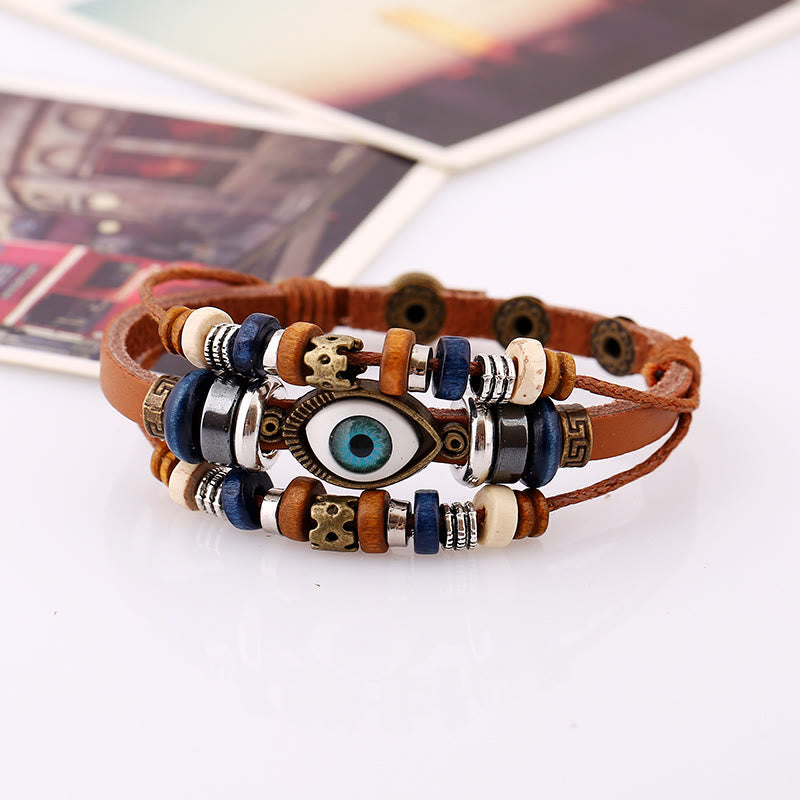 Unisex Evil Eye Protection Leather Bracelet Adjustable