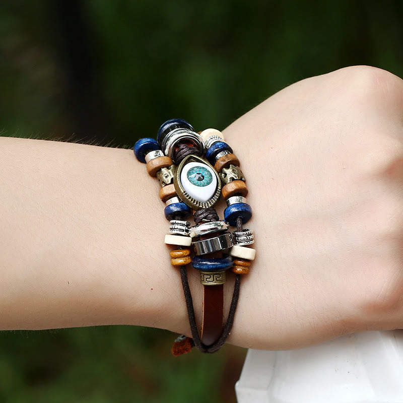 Unisex Evil Eye Protection Leather Bracelet Adjustable