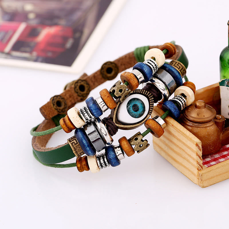 Unisex Evil Eye Protection Leather Bracelet Adjustable