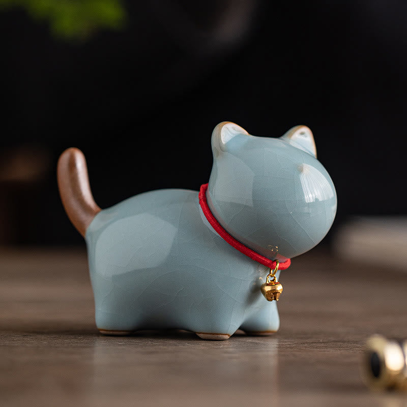 Mini Ceramic Lucky Cat Figurine with Red Rope Bell - Spiritual Animal Figurines