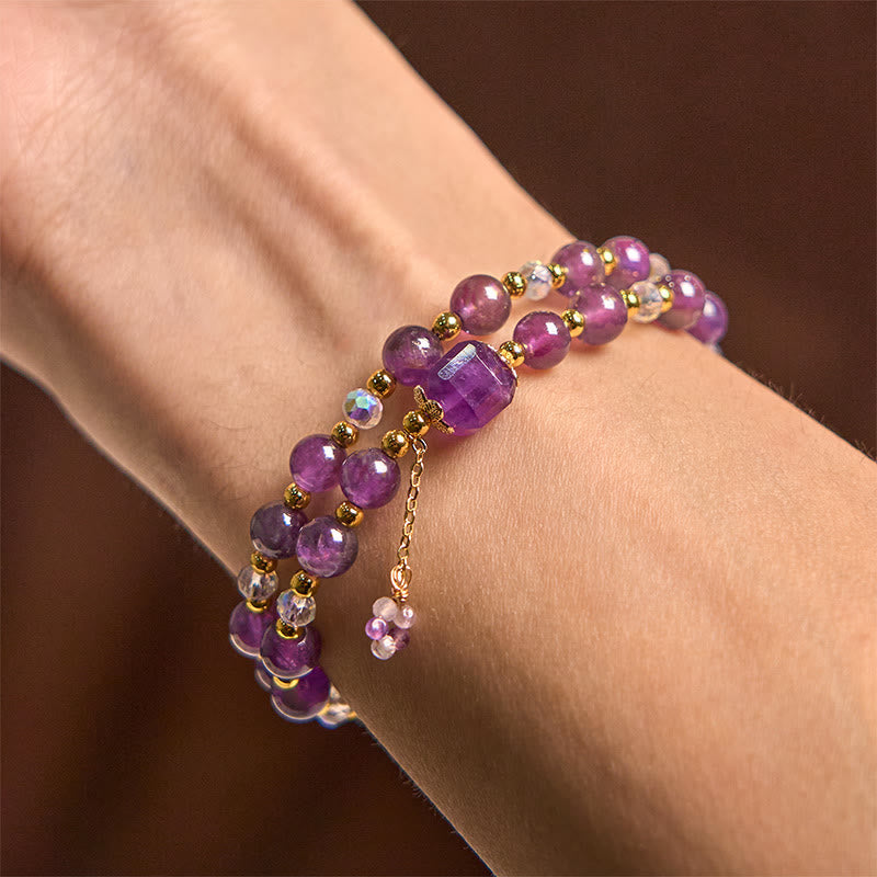 Meditationsarmband mit quadratischen Perlen aus Amethyst, 14–15 cm, für Damen
