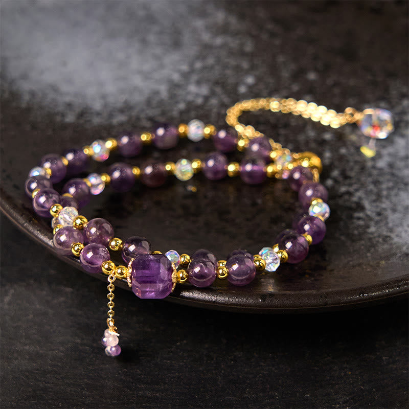 Meditationsarmband mit quadratischen Perlen aus Amethyst, 14–15 cm, für Damen