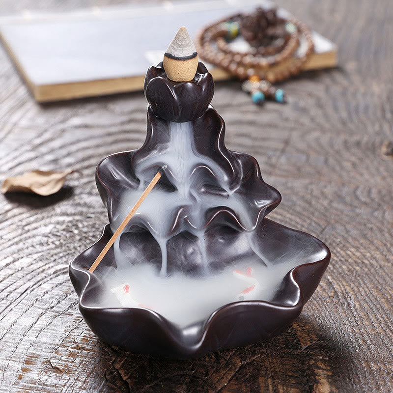 Lotus Leaf Koi Fish Ceramic Backflow Incense Burner 11.5cm