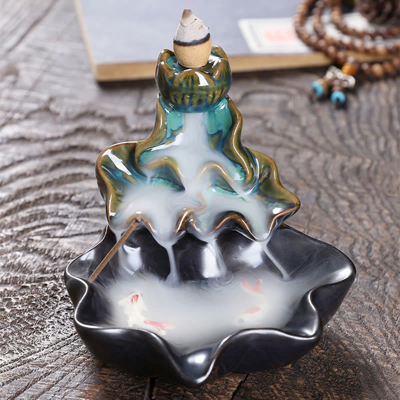 Lotus Leaf Koi Fish Ceramic Backflow Incense Burner 11.5cm