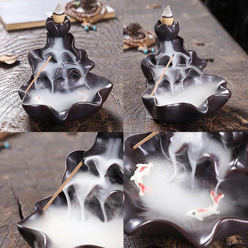 Lotus Leaf Koi Fish Ceramic Backflow Incense Burner 11.5cm