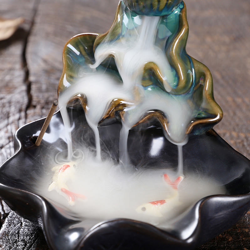 Lotus Leaf Koi Fish Ceramic Backflow Incense Burner 11.5cm