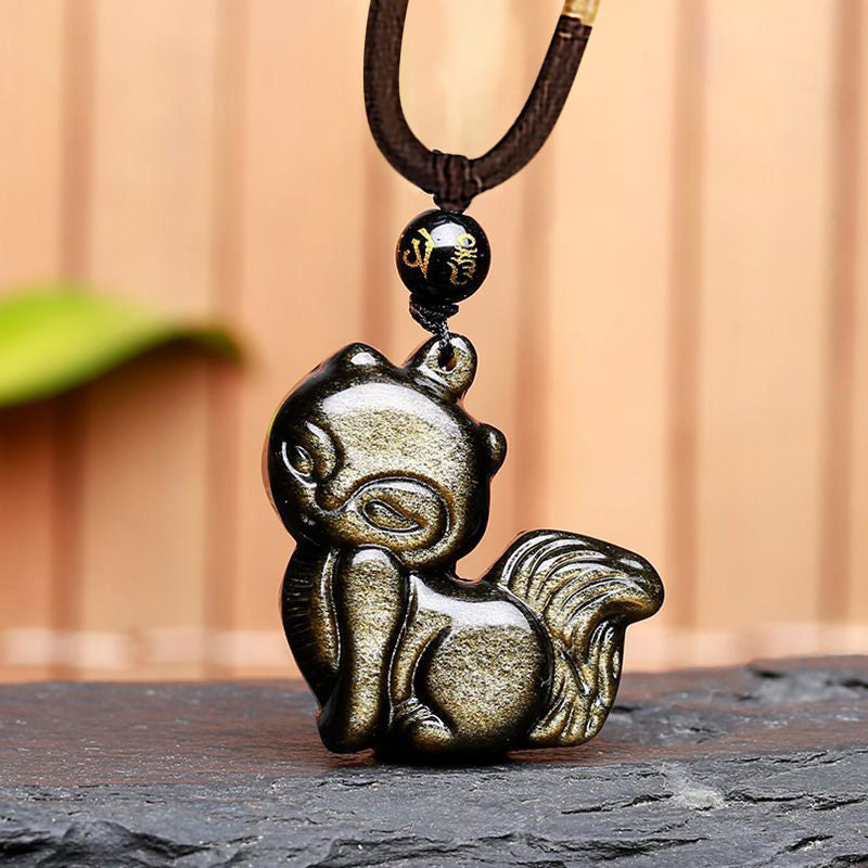 Natural Rainbow Obsidian Nine Tailed Fox Pendant
