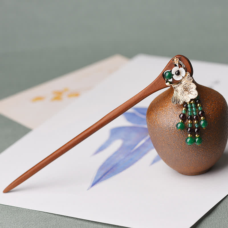 17 cm Schutz-Haarnadel aus rotem Sandelholz und grünem Achat