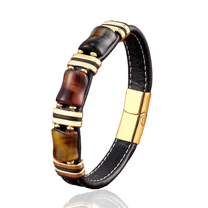 18–22 cm Tigerauge-Schutz-Lederarmband mit Bambussteinen