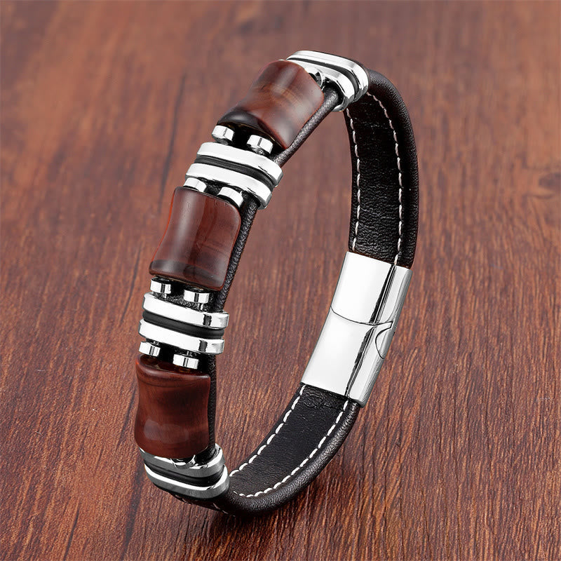 18–22 cm Tigerauge-Schutz-Lederarmband mit Bambussteinen