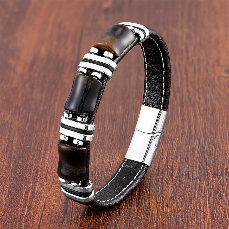 18–22 cm Tigerauge-Schutz-Lederarmband mit Bambussteinen
