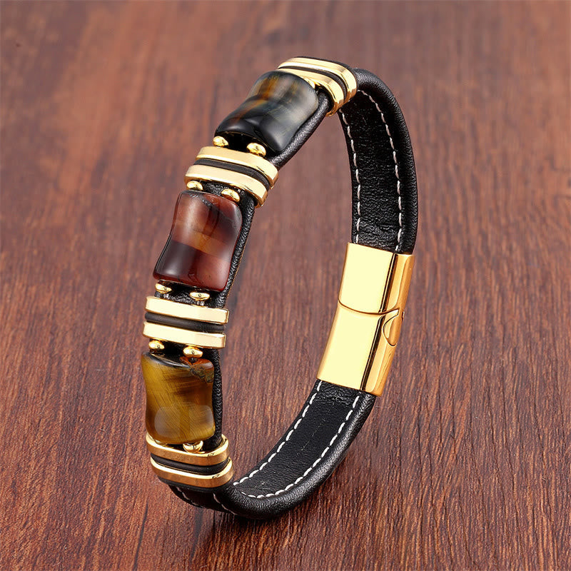 18–22 cm Tigerauge-Schutz-Lederarmband mit Bambussteinen