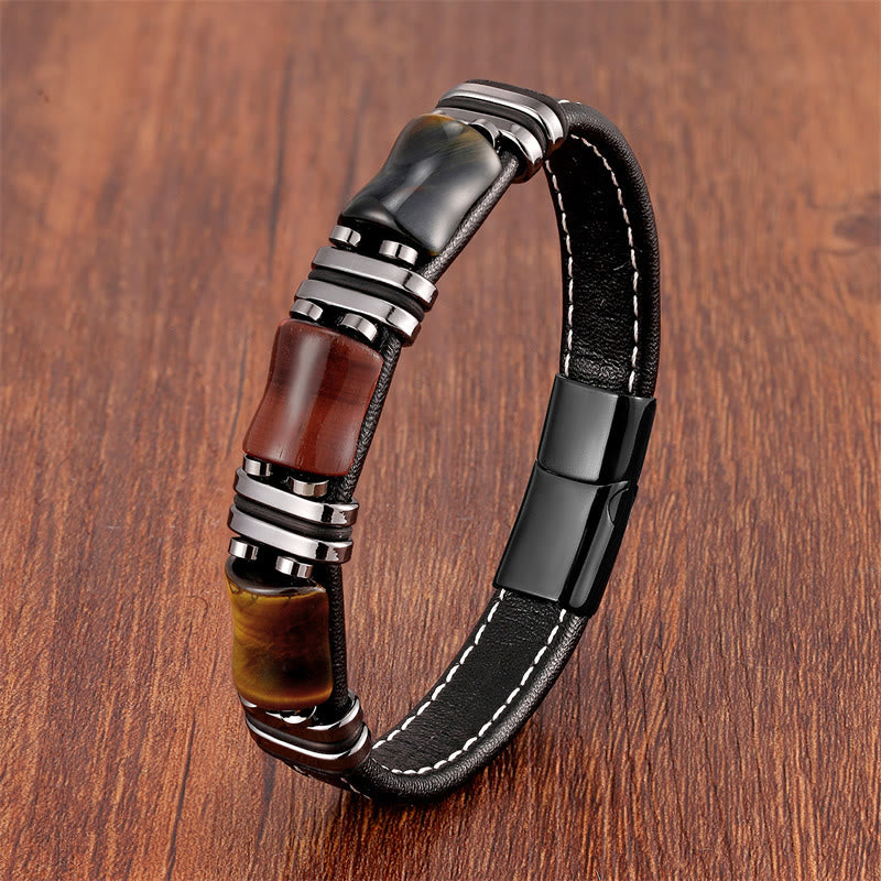 18–22 cm Tigerauge-Schutz-Lederarmband mit Bambussteinen