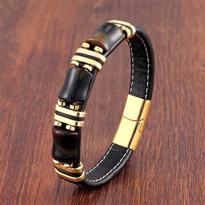 18–22 cm Tigerauge-Schutz-Lederarmband mit Bambussteinen