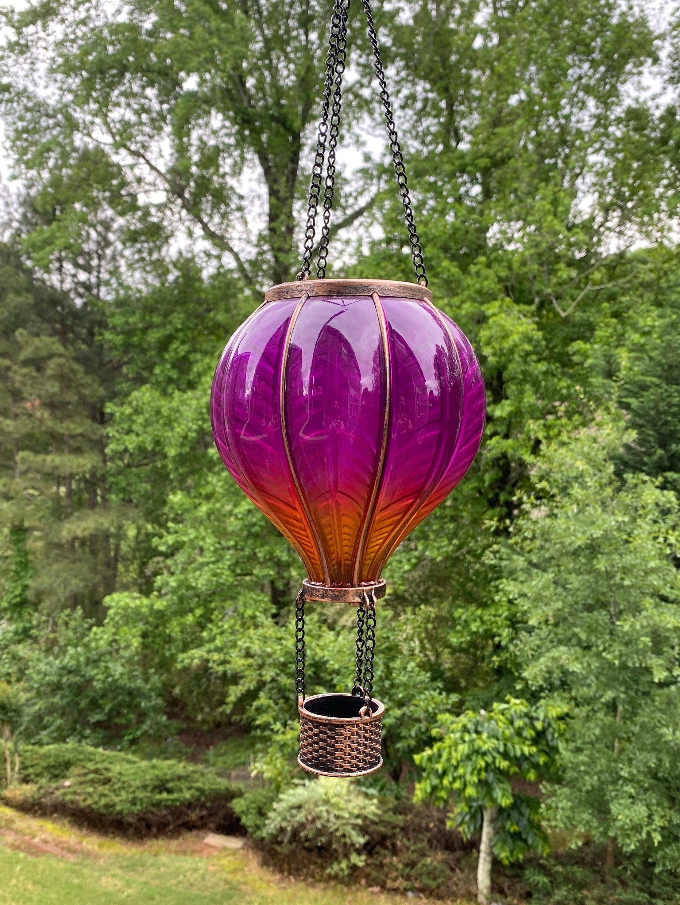 Purple and orange hot air balloon hanging ornament with basket for solar lantern