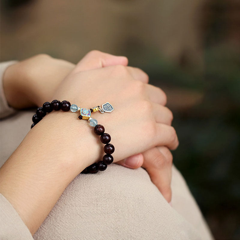 Aquamarine Bracelet with Red Sandalwood & 925 Silver Blessings
