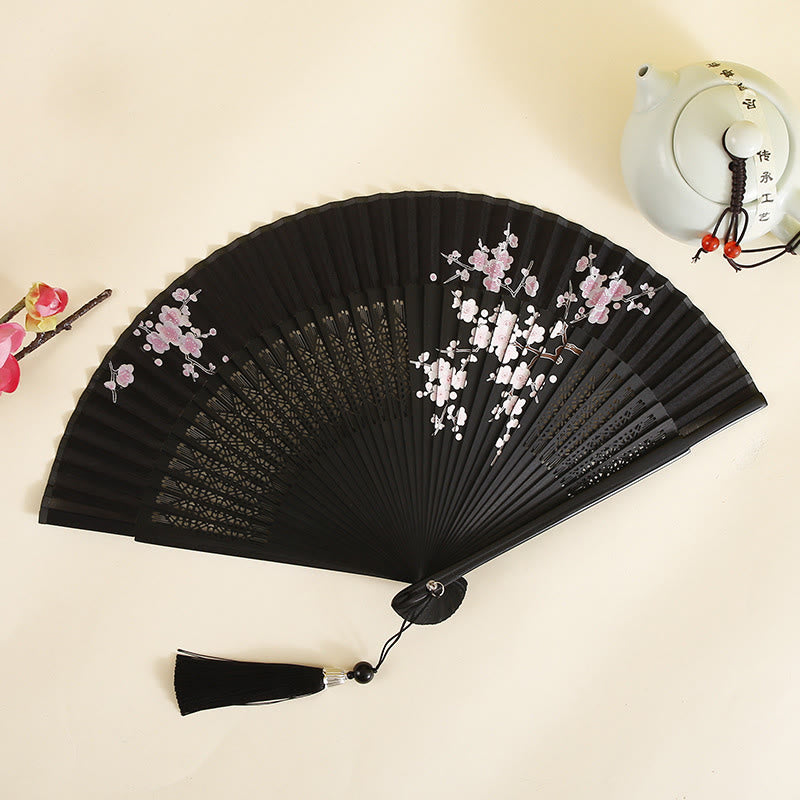 18 cm großer Faltfächer aus Bambus mit Hibiskus- und Pflaumenblüten-Design