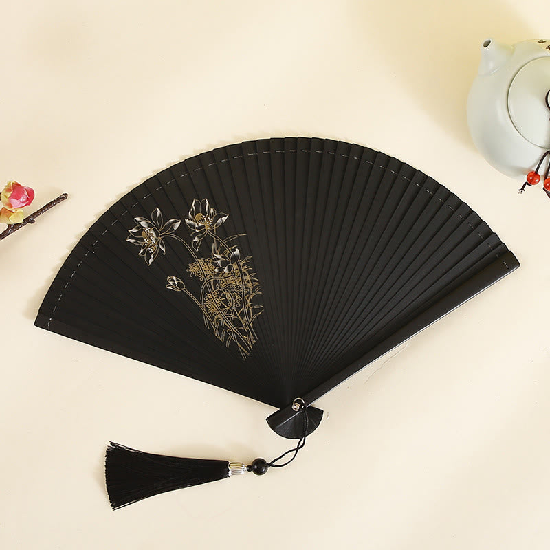 18 cm großer Faltfächer aus Bambus mit Hibiskus- und Pflaumenblüten-Design