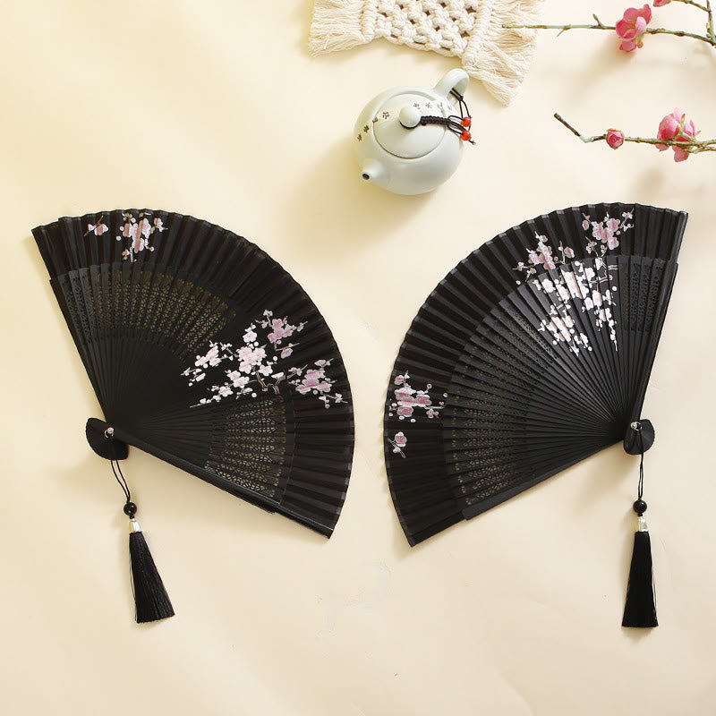 18 cm großer Faltfächer aus Bambus mit Hibiskus- und Pflaumenblüten-Design