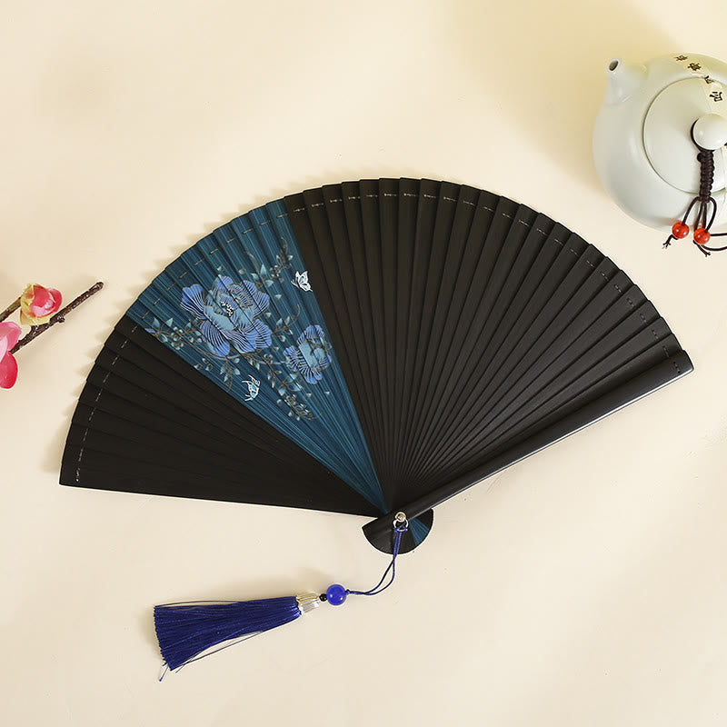 18 cm großer Faltfächer aus Bambus mit Hibiskus- und Pflaumenblüten-Design