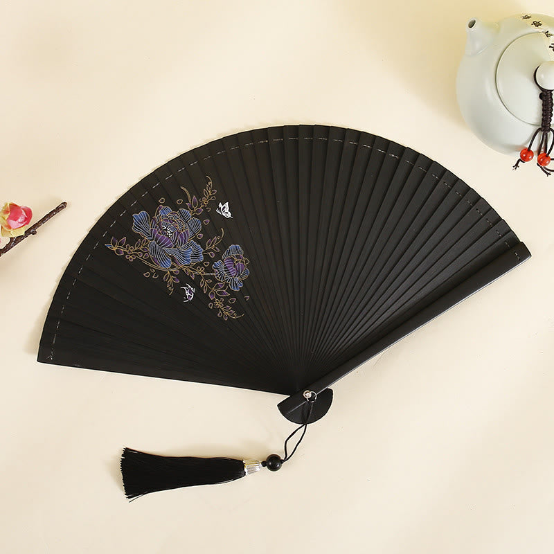18 cm großer Faltfächer aus Bambus mit Hibiskus- und Pflaumenblüten-Design