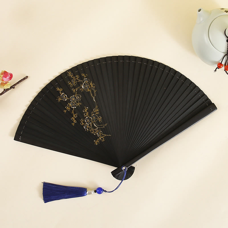 18 cm großer Faltfächer aus Bambus mit Hibiskus- und Pflaumenblüten-Design