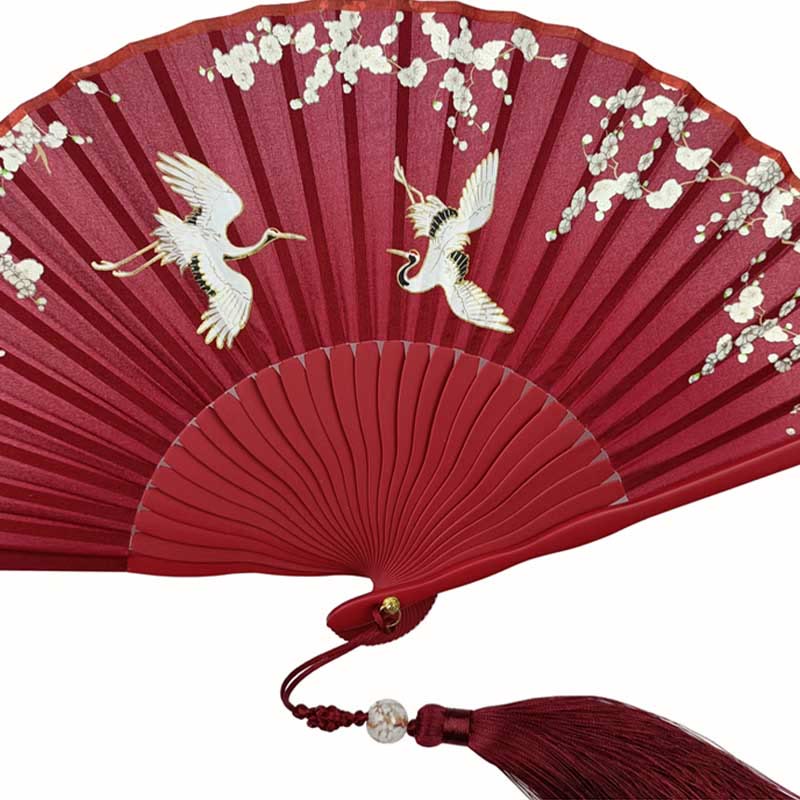 18 cm großer chinesischer Faltfächer aus Seide mit Kranich-Pflaumenblüte