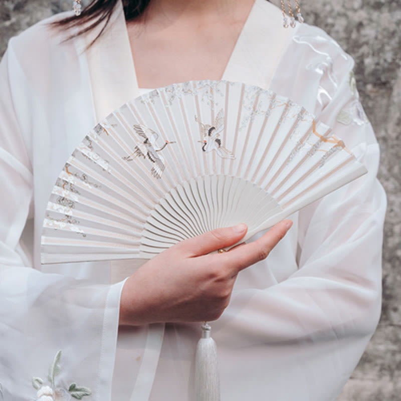 18 cm großer chinesischer Faltfächer aus Seide mit Kranich-Pflaumenblüte