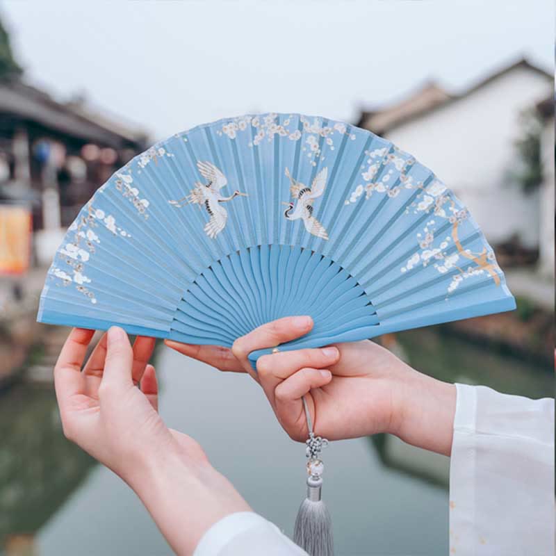 18 cm großer chinesischer Faltfächer aus Seide mit Kranich-Pflaumenblüte