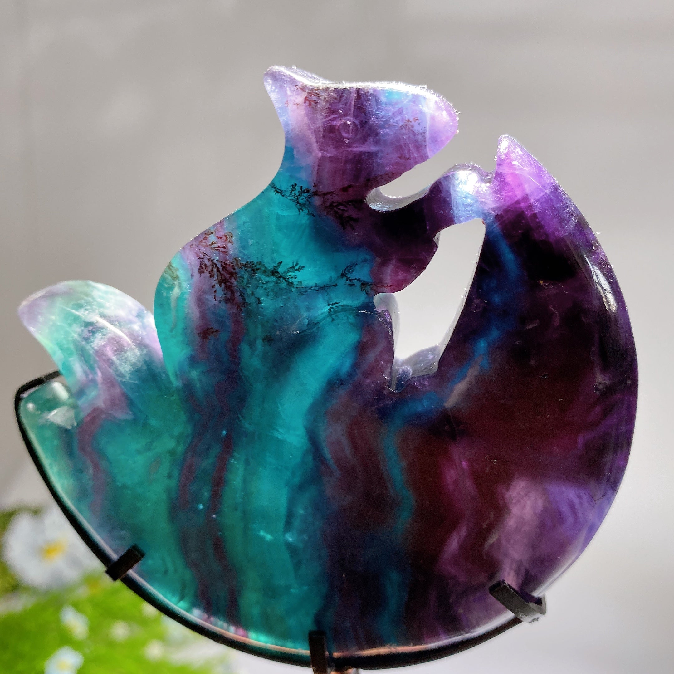 18cm Rainbow Fluorite Squirrel on Moon Crystal Carving