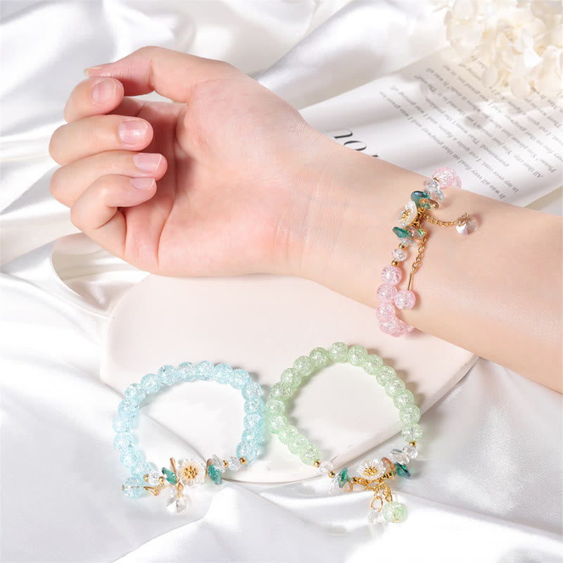 Spiritual Glass Bead Bracelet with Flower Charm for Protection