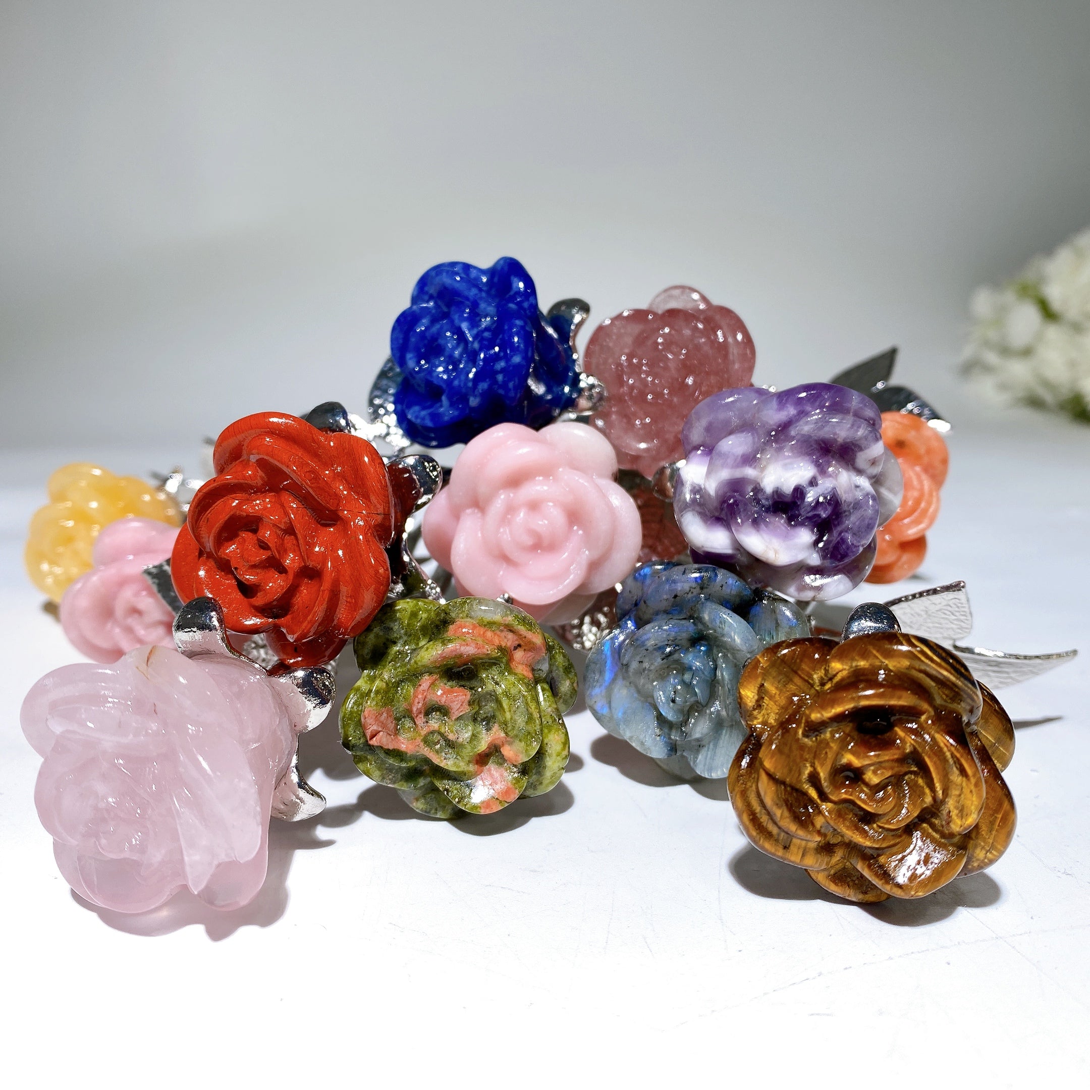 19cm Mixed Crystal Flower Carvings with Silver Stem
