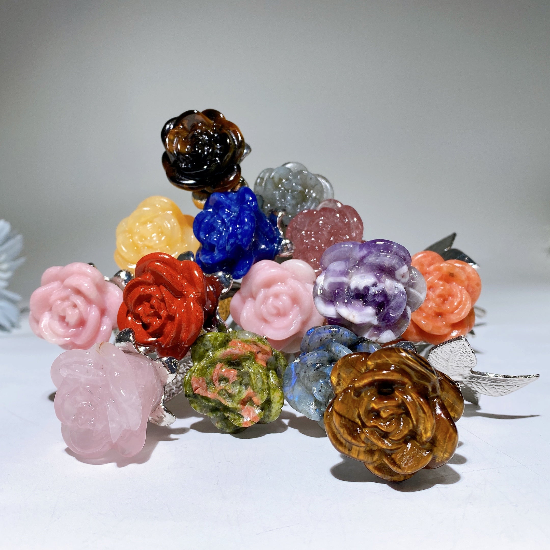 19cm Mixed Crystal Flower Carvings with Silver Stem