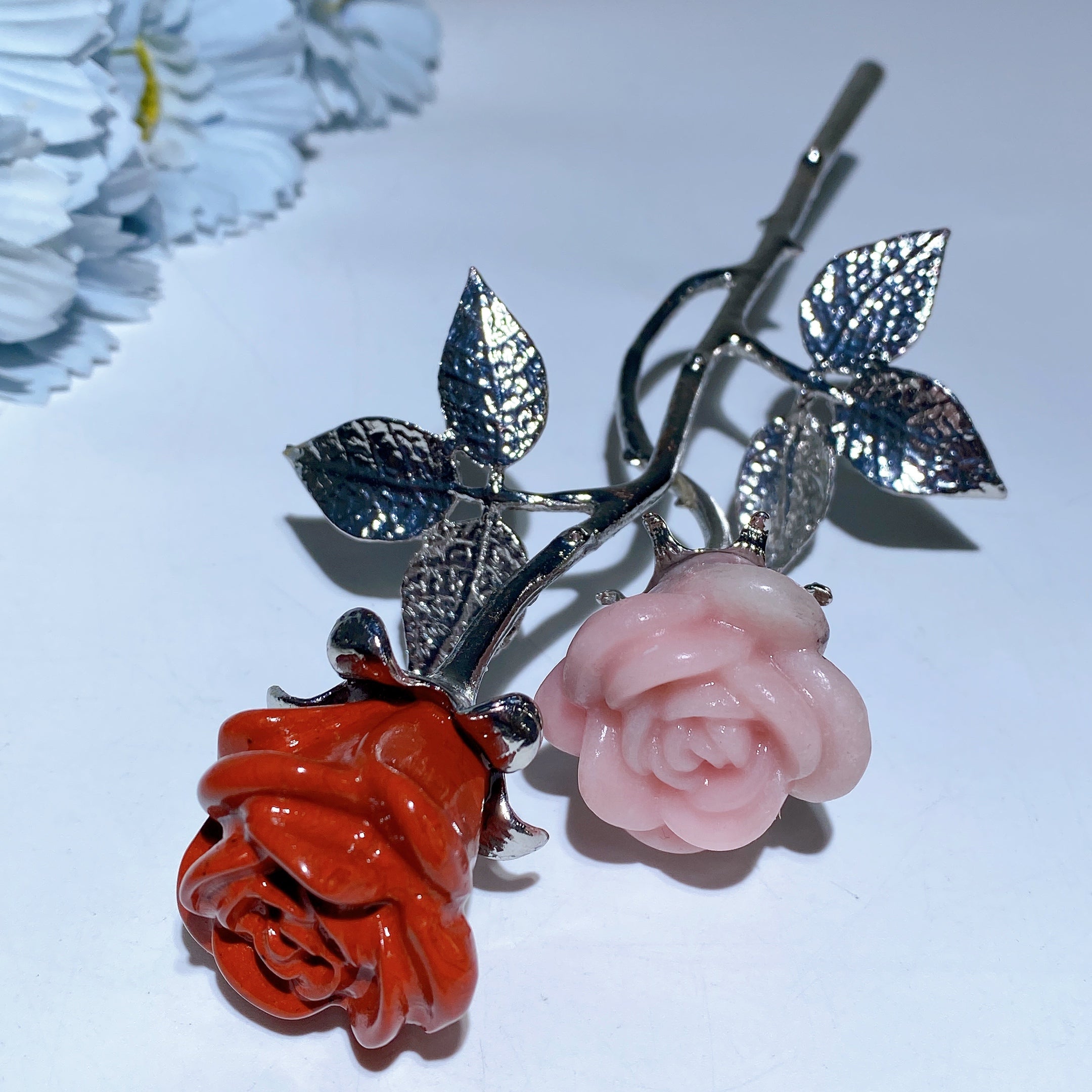 19cm Mixed Crystal Flower Carvings with Silver Stem