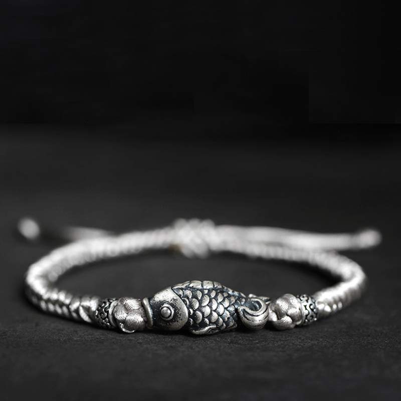 Sterling Silver Koi Fish Bracelet with Red Braided String