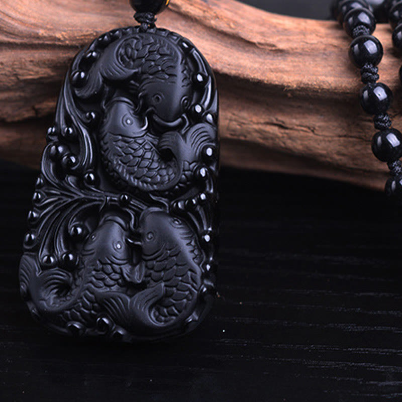 Black Obsidian Koi Fish Strength Necklace Pendant