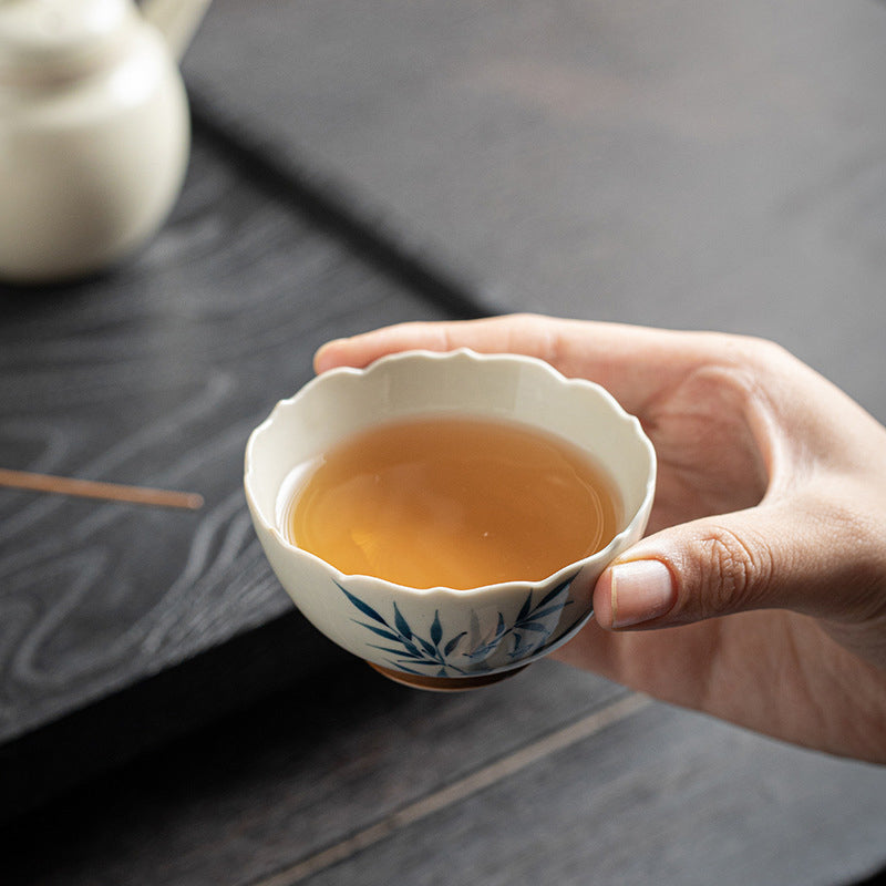 Small Blue Bamboo Leaves Ceramic Teacup for Kung Fu Tea Rituals