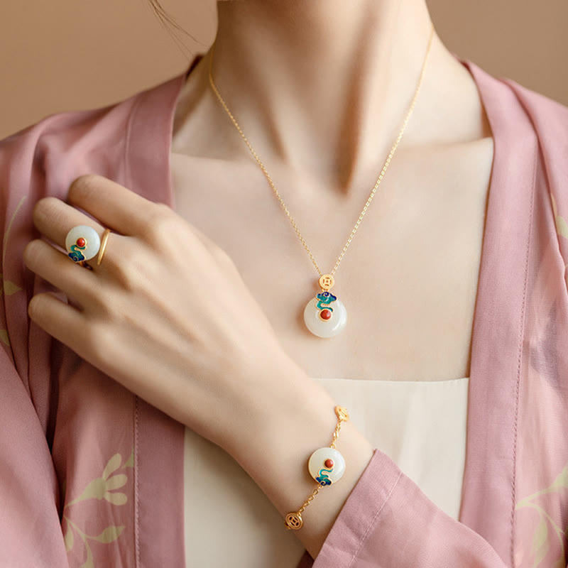 Jade Copper Coins Prosperity Jewelry Set Necklace Bracelet Ring Earrings