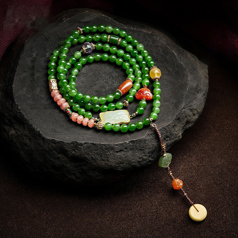 108 Beads Cyan Jade Buddha Bracelet for Luck & Healing Harmony
