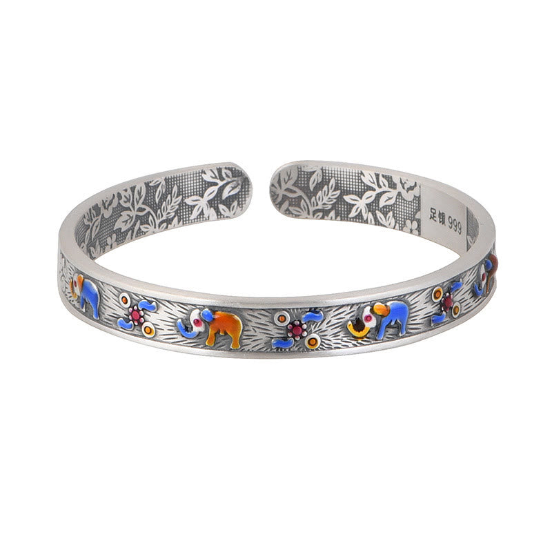 999 Sterling Silver Elephant Strength Wisdom Bracelet Cuff