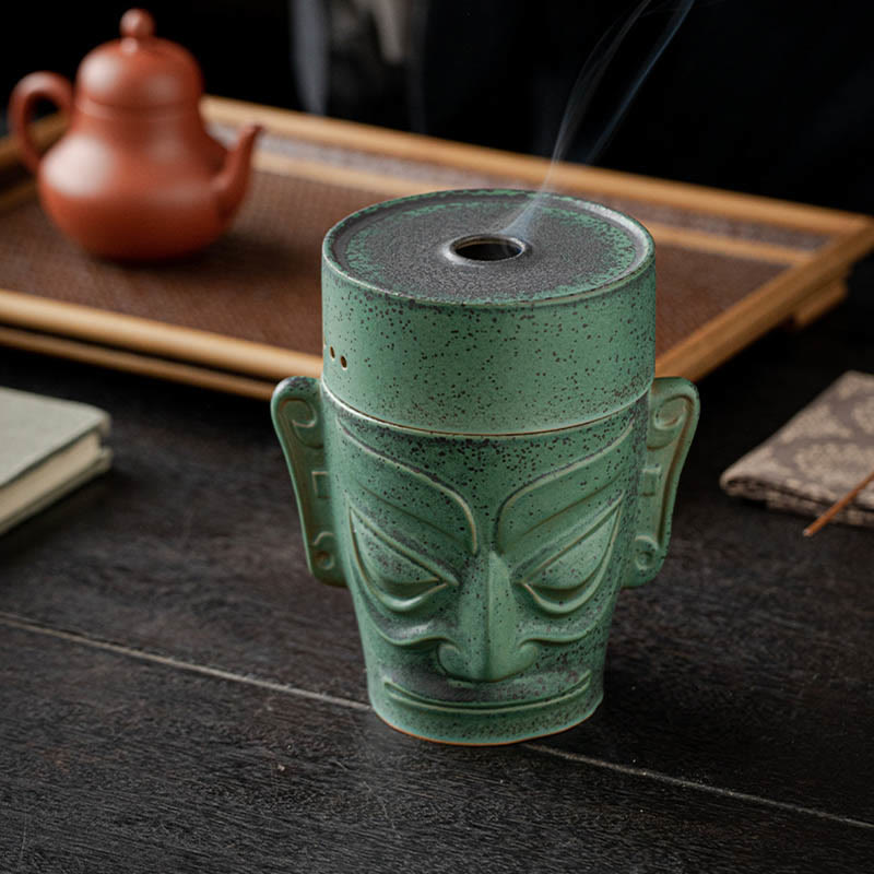 Sanxingdui Ceramic Incense Burner Inspired by Bronze Age Mask Meditation